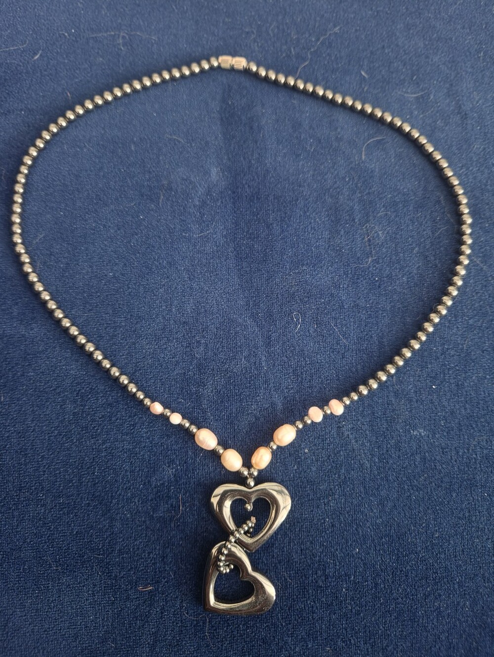 Double Open Heart Hematite Freshwater Pearl Beaded Necklace